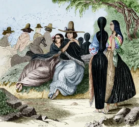 Femmes de Lima au Pérou, gravure du voyage de Radiguet à Lima dans les années 1840, document colorisé