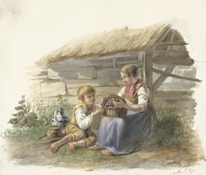 Fille et garçon avec un panier de jeunes oiseaux