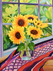 Vue depuis la fenêtre sur des tournesols éclatants