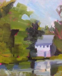 Maison au bord du lac dans le style impressionniste