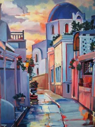 Rue du Coucher de soleil à Santorin