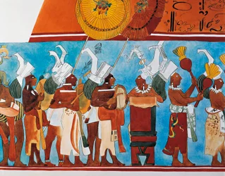 Reconstitution des fresques de Bonampak montrant une procession de musiciens