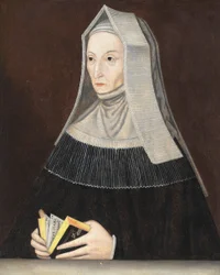 Portrait de Lady Margaret Beaufort (1441-1509), mi-longueur, en robes noires et habit blanc, un livre de prières dans ses mains