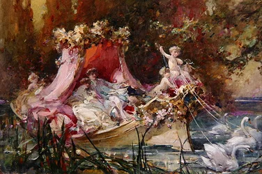 La barque des amoureux tirée par des cygnes