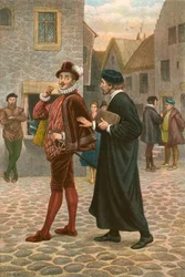 John Welch accoste Robert Glendinning, lui prédisant son appel à lui succéder au ministère (gravure en couleur)