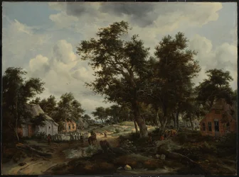 Paysage boisé avec des voyageurs sur un chemin à travers un hameau