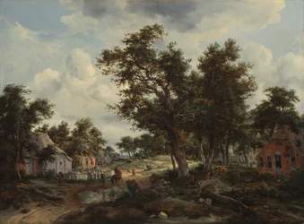 Paysage boisé avec des voyageurs sur un chemin traversant un hameau