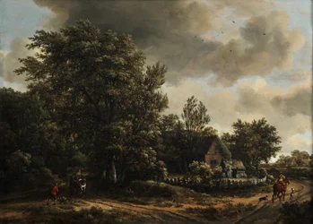 Paysage boisé avec des voyageurs sur une route près d