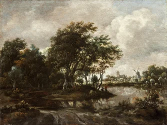 Paysage avec pêcheurs à la ligne et une ville au loin