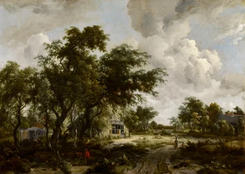 Village avec moulin à eau parmi les arbres