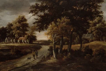 Paysage boisé avec personnages sur un chemin