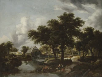 Paysage boisé avec un moulin à eau