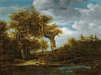 Paysage boisé avec deux grands chênes et vue sur le château de Bentheim