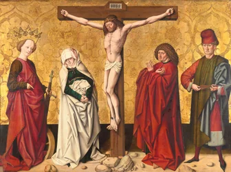 Christ en croix entre les saints Marie et Jean, Catherine et Sébastien