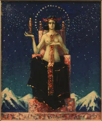 Figure féminine allégorique devant un paysage nocturne de l
