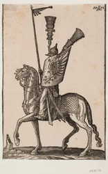 Soldat à cheval, profil vers la gauche; lance avec fanion, casque en métal avec une très haute plume, bouclier avec aile d