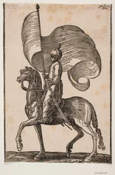 Porte-étendard à cheval, profil vers la gauche; il porte une épée à son côté gauche