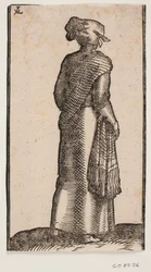 Femme, vue de dos, marchant vers la droite