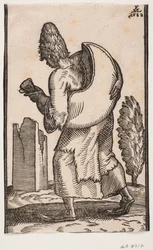 Homme marchant vers la gauche, vu de dos; portant un sac d