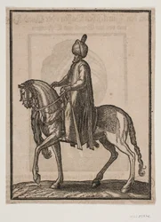 Homme âgé à cheval, avec une massue à son côté, de profil vers la gauche ; sous l