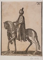 Homme âgé à cheval, avec une massue à son côté, de profil vers la gauche ; sous l