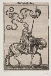 Porte-étendard à cheval, de profil vers la droite; l