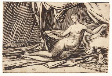 Femme nue allongée sous une draperie en forme de tente