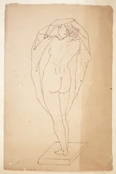 Femme dénudée de dos avec un drap dans les bras