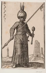 Soldat debout, vu de face; dans sa main droite, une lance avec un fanion à la pointe; dans sa main gauche, une massue; sur sa tête, un turban avec deux plumes; dans le paysage, un "phare" et quelques bâtiments en forme d