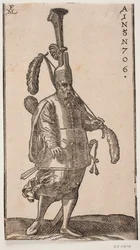Soldat debout, tourné vers la droite; coiffure avec une très haute plume droite; dans la main gauche, un arc avec de grandes plumes aux deux extrémités; dans la main droite, une flèche; sur son dos, un carquois et à son côté, une épée