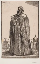 Ambassadeur debout en costume européen (vénitien ?), profil 3/4 vers la gauche ; tenant un étui à lettres dans la main droite