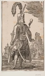 Janissaire debout vu de dos, coiffure à plumes, fusil à l