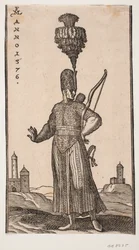 Soldat debout, vu de face, la tête tournée vers la droite; il porte un arc sur son bras gauche, un carquois sur le dos et une épée à son côté gauche; il tend coquettement son bras droit en arrière; en arrière-plan à droite et à gauche, deux bâtiments resse