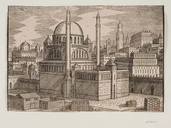 Mosquée non identifiée avec 2 minarets, vue du nord-est; au premier plan, chantier avec des pierres empilées