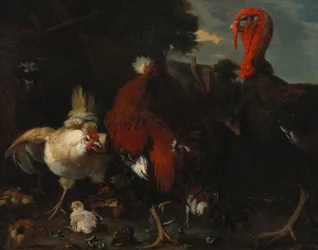Une Poule, un Coq et une Dinde dans une Basse-cour
