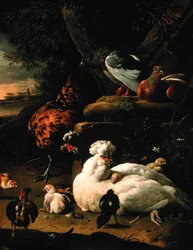Une poule avec des poussins, un coq et des pigeons dans un paysage