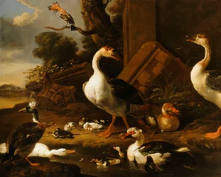 Oies chinoises et égyptiennes et autres oiseaux dans un paysage avec des ruines à proximité