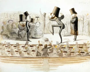 Giuseppe Verdi (1813-1901), compositeur italien avec des répétitions de « Un ballo in maschera » avec le ténor Fraschini et la soprano Fioretti. Caricature de Melchiorre Delfico. Milanais