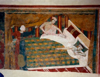 Scène de la vie conjugale au Moyen Âge. Un homme rejoint sa femme dormant nue au lit. (détail)