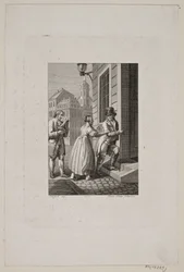 Illustration avec une femme arrêtant un homme à une porte tandis qu