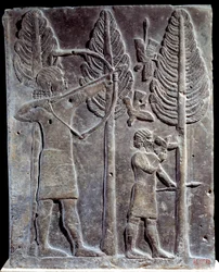 Scène de chasse aux oiseaux. Bas-relief en albâtre du Palais de Sargon II, roi d