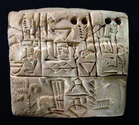 Tablette cunéiforme pictographique ancienne, Mésopotamie, Uruk, v. 3100-2900 av. J.-C.