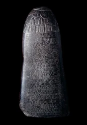 Mésopotamie : kudurru en calcaire noir du roi Marduk-sapik-zari (1082-1070 av. J.-C.) (stèle servant de témoignage aux donations de terres faites par les souverains kassites de Babylone à des membres de leur famille ou à de hauts dignitaires).