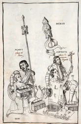 MS Hunter 242 f.248v Picarus (Pizarro) présente le Pérou et Cortesius (Cortés) la Nouvelle-Espagne, illustration de l