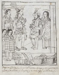 Montezuma rencontre Cortez, de Historia de Tlaxcala par Diego Muñoz Camargo