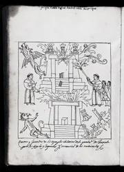 Ms Hunter 242 f.240v Franciscains brûlant des temples, illustration de Historia de Tlaxcala par Diego Munoz Camargo