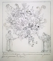 Frères franciscains brûlant des livres et vêtements traditionnels, de Historia de Tlaxcala par Diego Muñoz Camargo