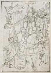 Christophe Colomb (1451-1506) offre symboliquement le Nouveau Monde à Charles V (1500-08), de Historia de Tlaxcala par Diego Muñoz Camargo