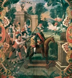 Scène tirée de Don Quichotte de la Manche par Miguel de Cervantes Saavedra (1547-1616)