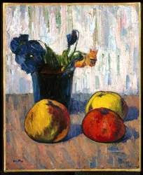 Nature morte avec pommes et vase de fleurs